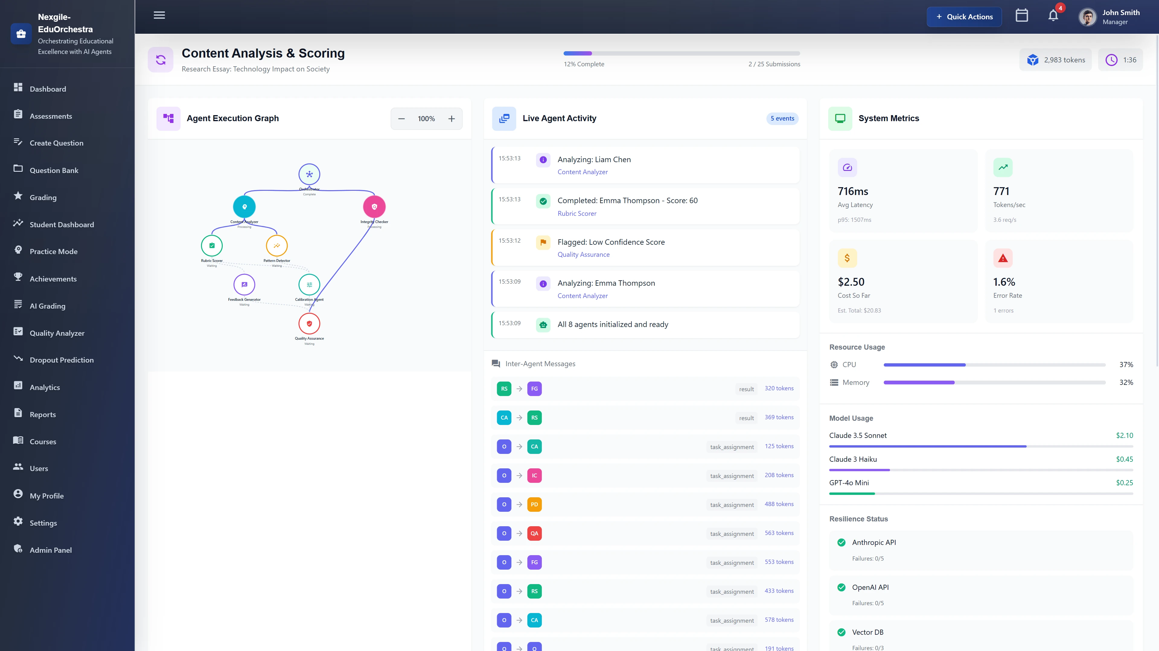 Content Analysis & Scoring - Live agent execution graph, real-time agent activity feed, inter-agent message flow, and system metrics dashboard